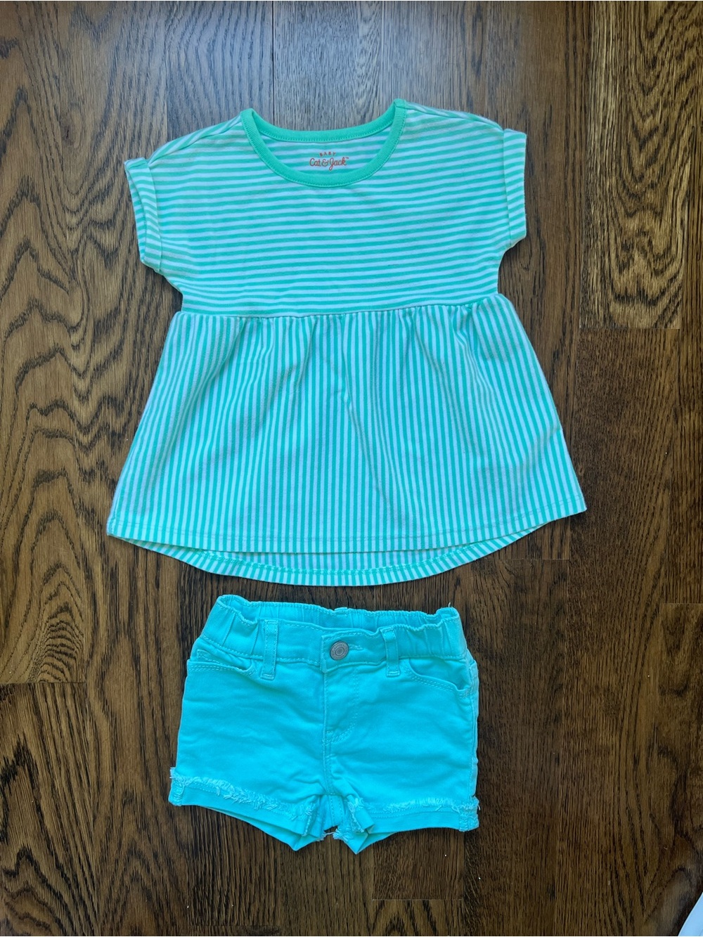 GAP Turquoise Shorts and Cat and Jack Lime Green Stripe T-Shirt